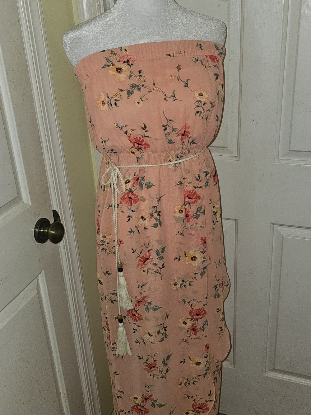 Sweet Rain Strapless Peach Floral Maxi with Tassel Rope